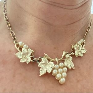Vintage Gold-Tone and Faux Pearl Grapevine Motif Necklace